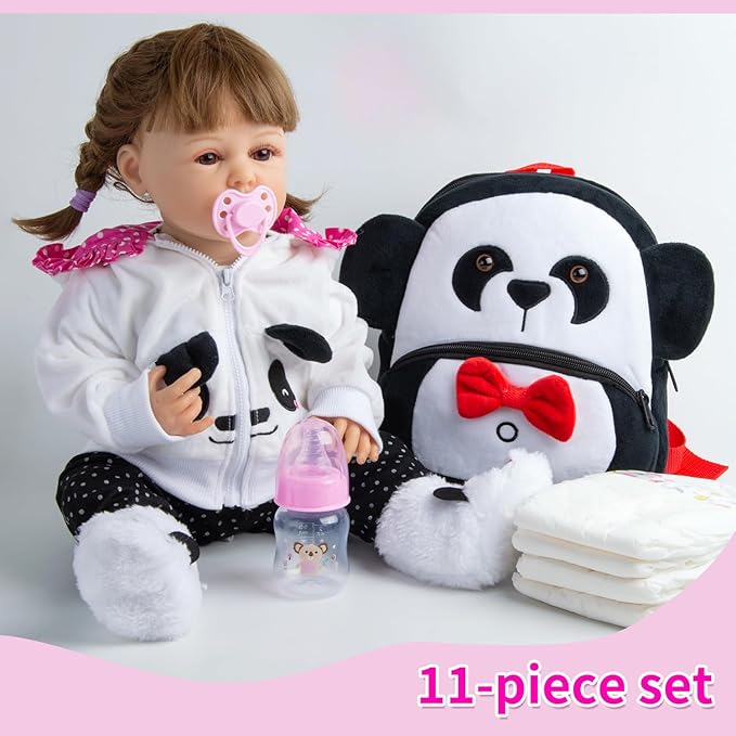 11-Piece Reborn Baby Dolls Clothes Girl Accessories Panda Outfit for 20-23 Inch Newborn Baby Dolls with Panda Backpack Diapers