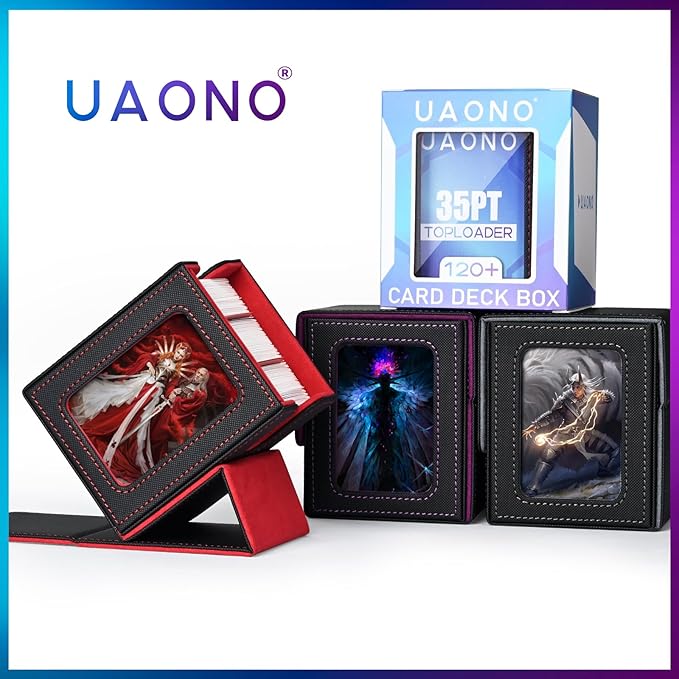 UAONO Card Deck Box with MTG Commander Display, Deck Case Holds 100+ Double-Sleeved Cards, Trading Card Storage Box Fits TCG/PTCG/Sports Card with 2 Dividers, 1 Top Loaders (Black, Purple)