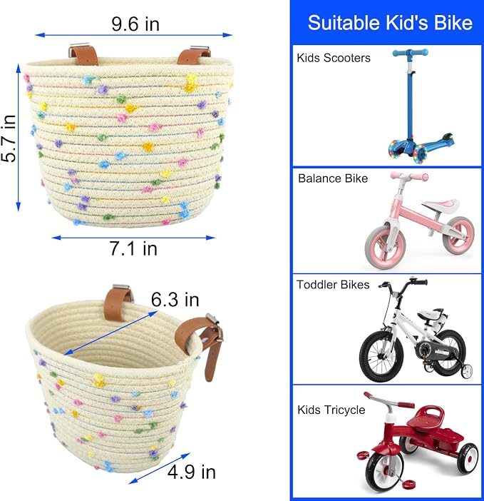 Kids Bike Basket for Boys and Girls, Children's Bicycle Basket Woven With Sisal Rope, Cute Decorative Accessories for Balance Bikes and Scooters