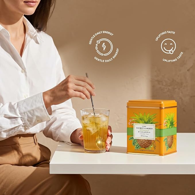 Life Plus Style Gourmet The Secret Garden Organic Pineapple Green Tea Premium Naturally Caffeinated Tropical Fruit Daily USDA Certified Green Tea Non GMO Herbal 50 Tea Bags Gift Tin Enjoy Hot or Iced
