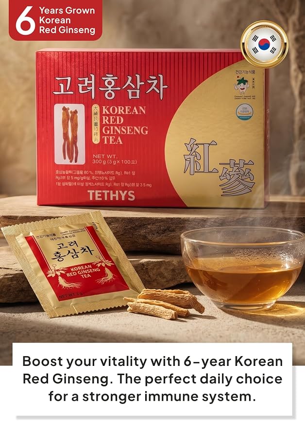 Korean Food TETHYS Red Ginseng Tea, 9-Step Panax Ginseng, 300g Granules Mix | Instant granules made from 9-step steamed and dried Korean Panax red ginseng, caffeine-free