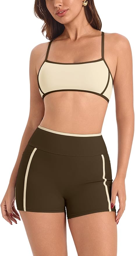 ABOCIW Workout Sets for Women 2 Piece Color Block Strappy Sports Bra High Waist Shorts Gym Yoga Pilates Outfits