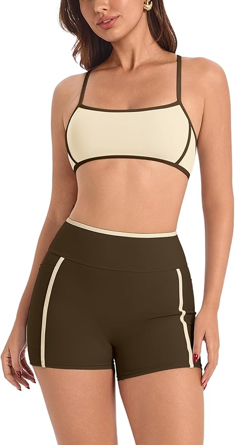 ABOCIW Workout Sets for Women 2 Piece Color Block Strappy Sports Bra High Waist Shorts Gym Yoga Pilates Outfits
