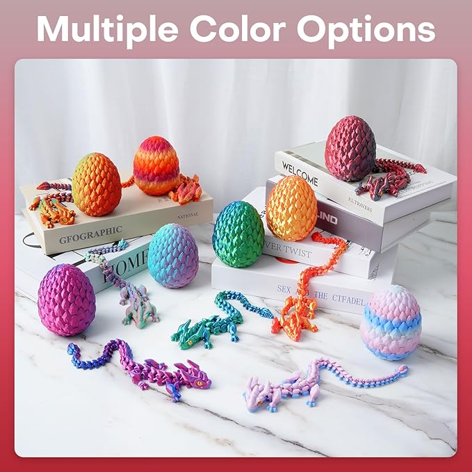 FYEFKJSA 3D Printed Dragon Eggs with Dragon Inside - 12Inch,Articulated Fidget 3D Printed Animals, Interesting Decorative Gift, Easter Basket Essentials Stuffers (Black Red)