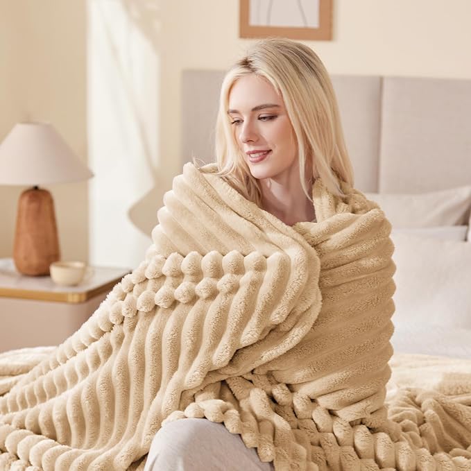 EXQ Home Fleece Blanket Twin Size for Couch or Bed - 3D Stripe Jacquard Decorative Blankets - Cozy Soft Lightweight Fuzzy Flannel Blanket Suitable for All Seasons(60"×80",Camel)