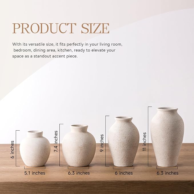 Vanselia Ceramic Flower Vase Home Decor - Farmhouse Table Vases Rustic Vintage Living Room Kitchen Bedroom Decorations for House Book Shelf Office Coffee Desk Dining Fireplace (7.4" Rustic)
