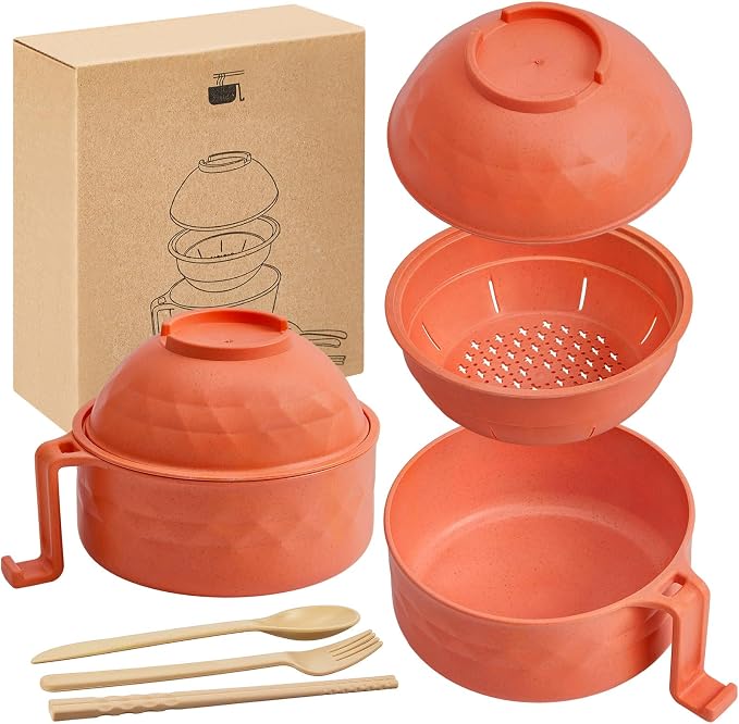 1 Set Microwave Ramen Cooker 40oz Wheat Straw Microwave Noodle Bowl Set with Chopsticks, Spoon, Fork, College Dorm Office Apartment Essentials (Orange)