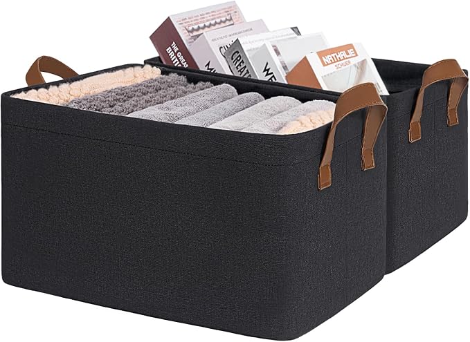 CHICVITA 20L Fabric Storage Bins with Handles, Metal Frame, 2-Pack, Black | 14 ¾" L x 10 ¼" W x 8 ¼" H, Clothes, Towels, Toys & Books Storage, Living Room, Bedroom & Entryway Organization