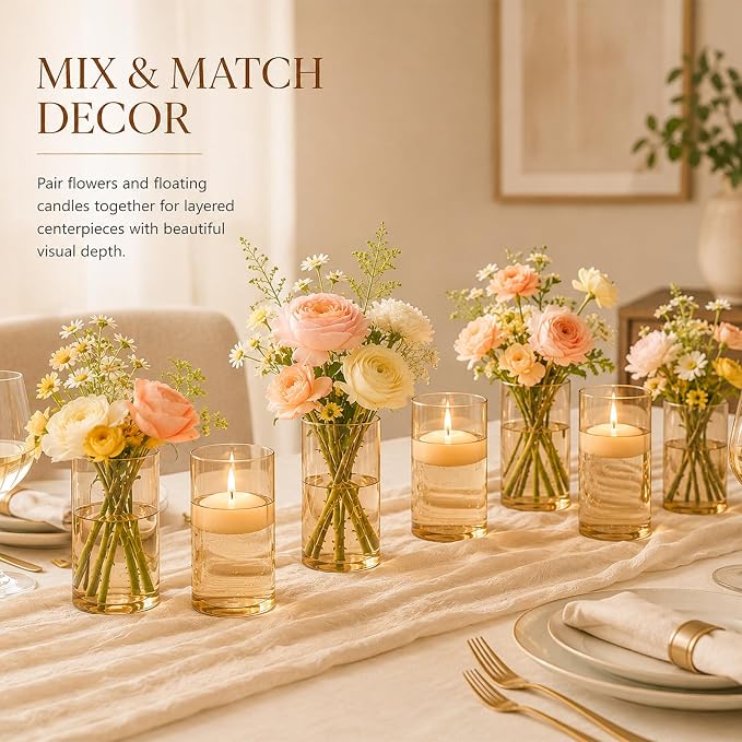 12pcs 6 Inch Gold Amber Glass Cylinder Vases for Centerpieces | Flower Vases for Wedding, Home & Party Decor, Hurricane Floating Candle Holders for Table & Shelf