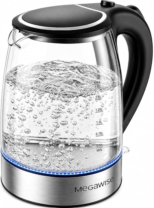 MEGAWISE Electric Kettle, No Plastic Contact with Water, Auto Shut-Off, Fast Boil, 1.8L Electric Glass Kettle, Hot Water Boiler, Tea Kettle, Borosilicate Glass, Black, 1000W