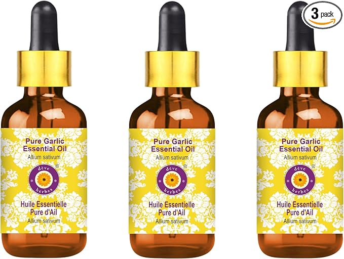 Deve Herbes Pure Garlic Essential Oil (Allium sativum) with Glass Dropper Steam Distilled (Pack of Three) 100ml X 3 (10 oz)