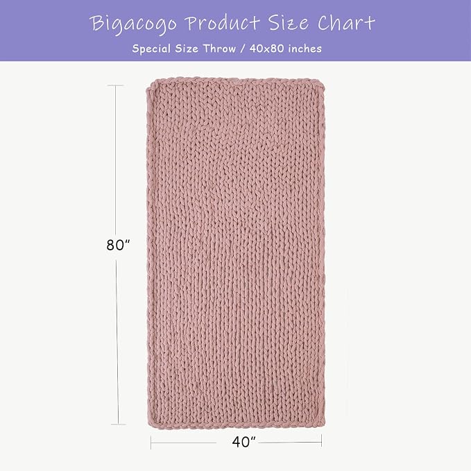 Bigacogo Chunky Knit Throw Blanket for Couch, 40x80 inches, Dusty Pink | Hand Knit with Jumbo Chenille, Soft Breathable Cable Knit for Sofa Bed Living Room, Machine Washable, Gift for Mom Friend