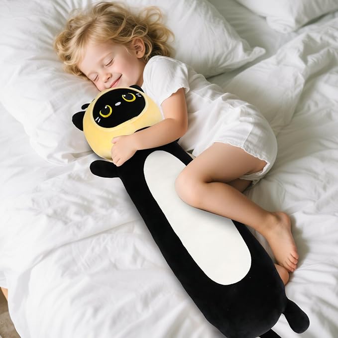 22 inch Bee Black Cat Long Plush Body Pillow Toy, Kitten Plushies with Stuffy Honeybee Oufit Big Stuffed Animals Gfit for Kids Boys Girls, Birthday