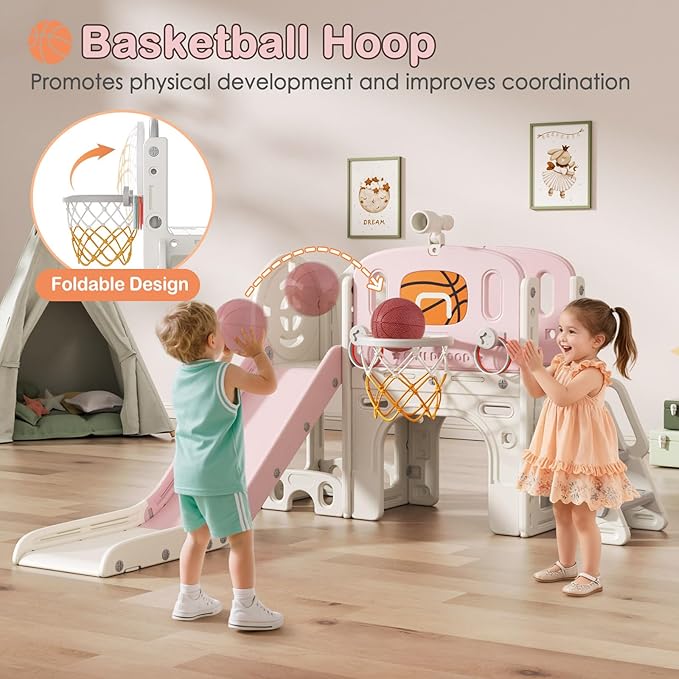BIERUM 9 in 1 Toddler Slide Set, Baby Slide for Toddlers 1-3 with Ring Toss and Basketball Hoop, Indoor Outdoor Toddler Playset Playground Pink Gray