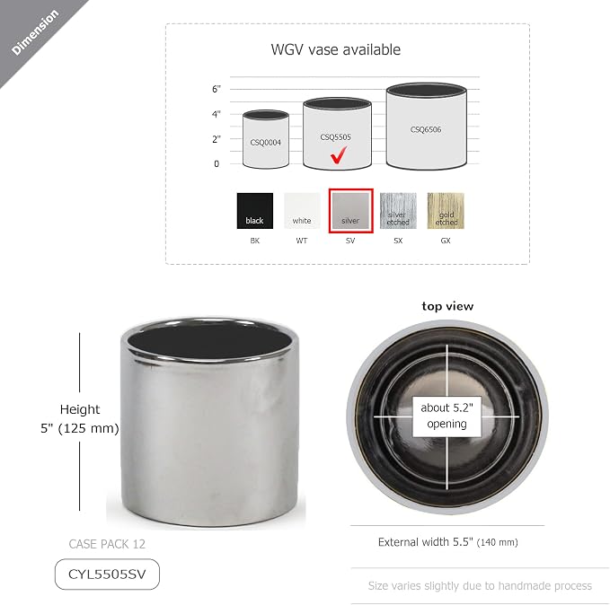 WGVI Silver Ceramic Cylinder Vase Width 5.5" Height 5", Flower Arrangements, Candle Holder, Terrarium Planter Pot, Storage Container Organizer, Pen Brush Holder, Smooth Silver Tabletop Decor, 1 Pc