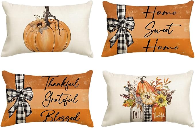 AVOIN colorlife Fall Pumpkin Home Sweet Home Throw Pillow Covers, 12 x 20 Inch Autumn Thankful Grateful Blessed Harvest Floral Orange Decorations for Sofa Couch Set of 4