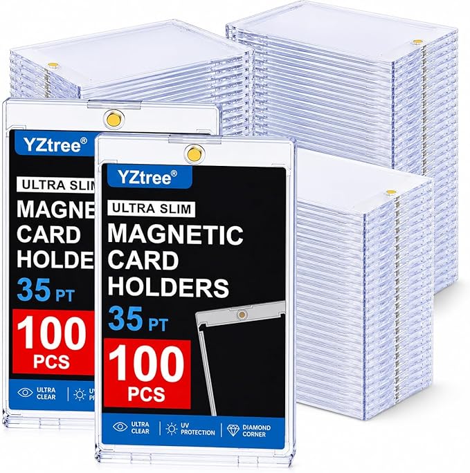 100ct Magnetic Trading Card Holders: 35pt One Touch Card Holder, U-V Protection Hard Plastic Magnetic Cards Case for Sports Game, Football, Baseball Cards - Ultra Slim