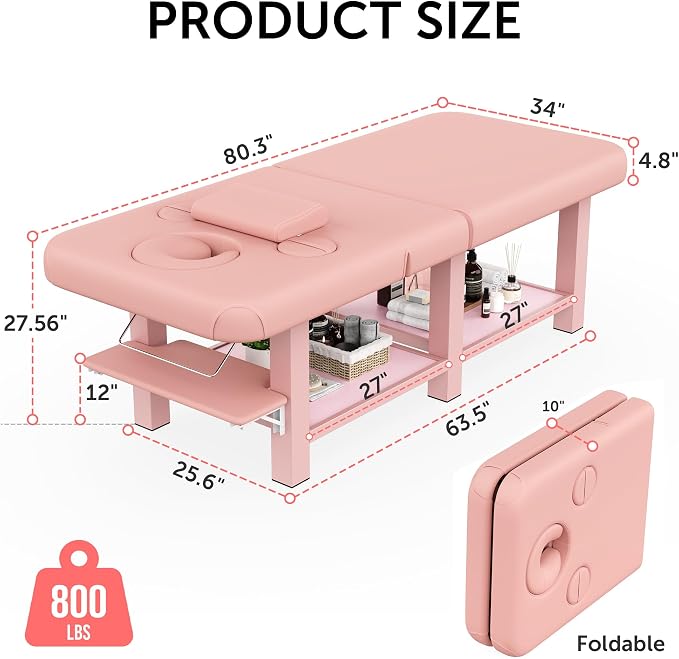 Extra Large 34''×80'' Folding Stationary Massage Table with Adjustable Backrest, Heavy-Duty Metal Frame PU Leather Treatment Bed for Spa, Physical Therapy, Tattoo, Facial & Medical Exam - Pink