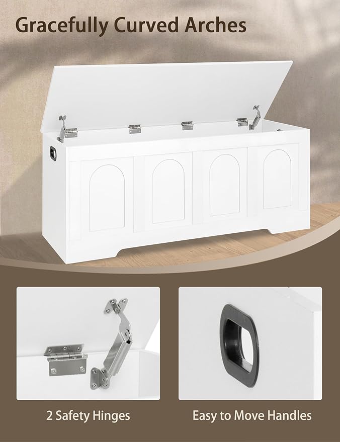 Storage Chest, Wooden Toy Box, White 47.2" L | Entryway Shoe Bench, 2 Soft-close Hinges, Finger-safe Flip-Top Lid, Easy Assembly, Farmhouse Large Trunk, Living Room/Bedroom