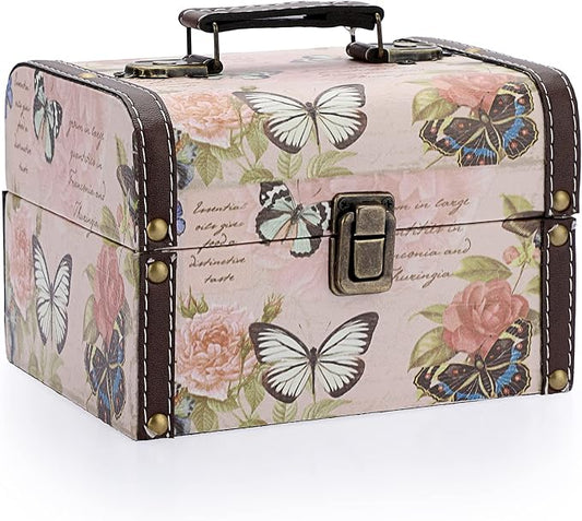ELLDOO Butterfly Treasure Chest Box, Wooden + PU Leather Storage Decorative Box for Jewelry Trinkets, Keepsakes box for Girls Women Gifts