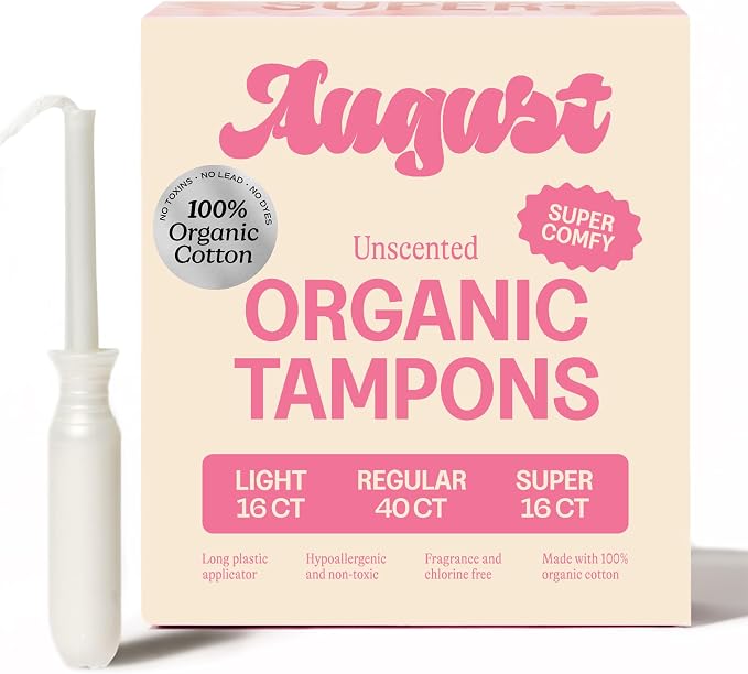 August Organic Tampons - Easy-Glide Long Applicators - Light, Regular, & Super - 72-Pack 100% Organic Cotton Tampons for Women, Non-Toxic, Fragrance-Free, and Hypoallergenic