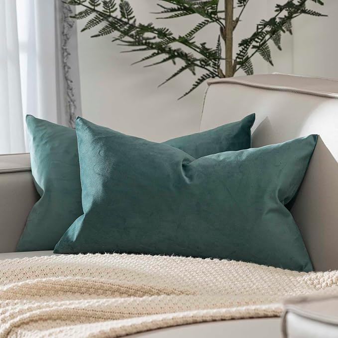 12x20 Throw Lumbar Pillow Covers Decorative Cushion Covers Set of 2,Emerald | Soft Velvet Pillow Cases with Invisible Zipper for Modern Couch Sofa Bed Living Room Bedroom Home Decor