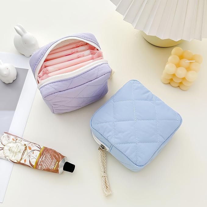 Small Makeup Bag | Discreet Period Bag Pad Pouch for Purse| Sanitary Napkin Storage & Tampon Holder for Travel (Quilted light blue)