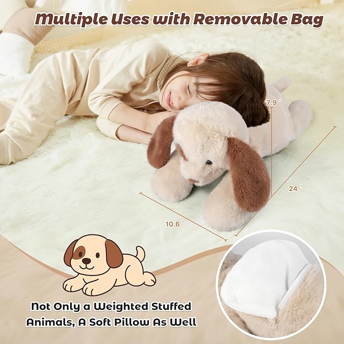 Bobbie & Laxi 24" & 4.5 lbs Weighted Dog Stuffed Animal, Adjustable Sitting & Laying Plush Toy Pillows with Removable Ceramsite Bag for Companion, Cuddly & Soft Gifts for Adults, Kids, Boys and Girls
