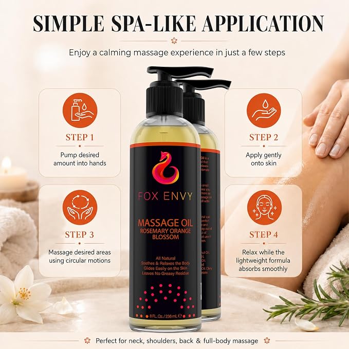 Massage Oil for Couples, Women & Men (1 Bottle, 8 fl oz) - Fox Envy Orange Blossom with Rosemary Scented Sensual Oil with Coconut Oil & Jojoba Oil - Enhances Stimulation for The Body & Muscles