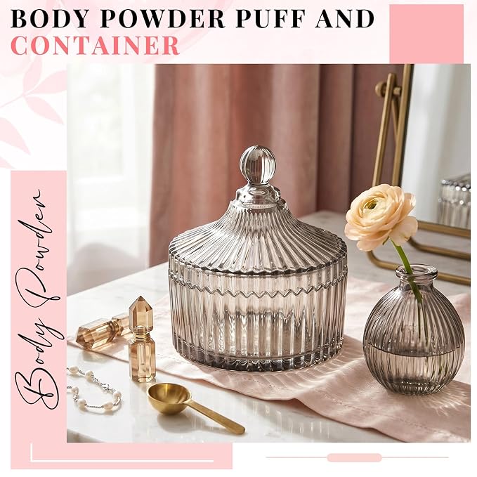 Tioncy 2 Pcs Extra Large Dusting Powder Puff and Container for Women-6'' Glass Crystal Dusting Powder Container Soft Washable Reusable Velour Face (Tawny,Classic)