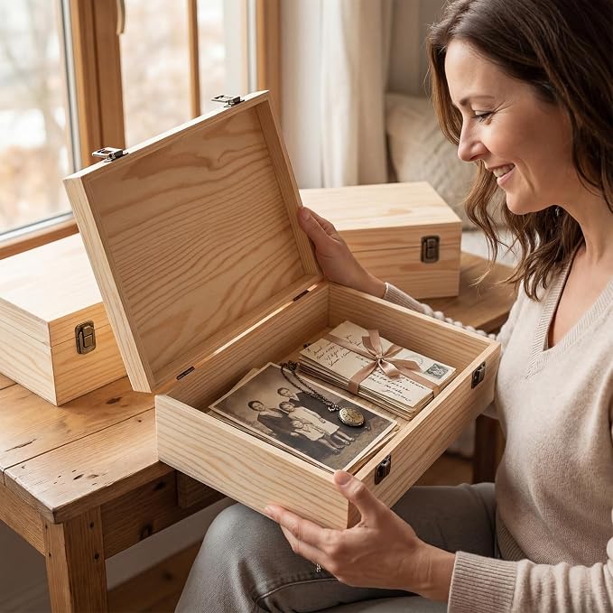 Sliner 3 Pcs Wooden Decorative Storage Boxes with Lids Vintage Wood Organizer Bins for Your Bookshelf Home Decor Safely Store Photos Documents Memory Jewelry Craft Storage (Natural Wood,S M L Size)