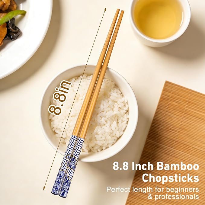 Antner 5 Pairs Bamboo Chopsticks Reusable Chopstick Exquisite Japanese Style Chop Sticks with Black Box for Sushi, Ramen, Hot Pot and Asian Dining, 8.8 Inch/22.5cm Gift Set