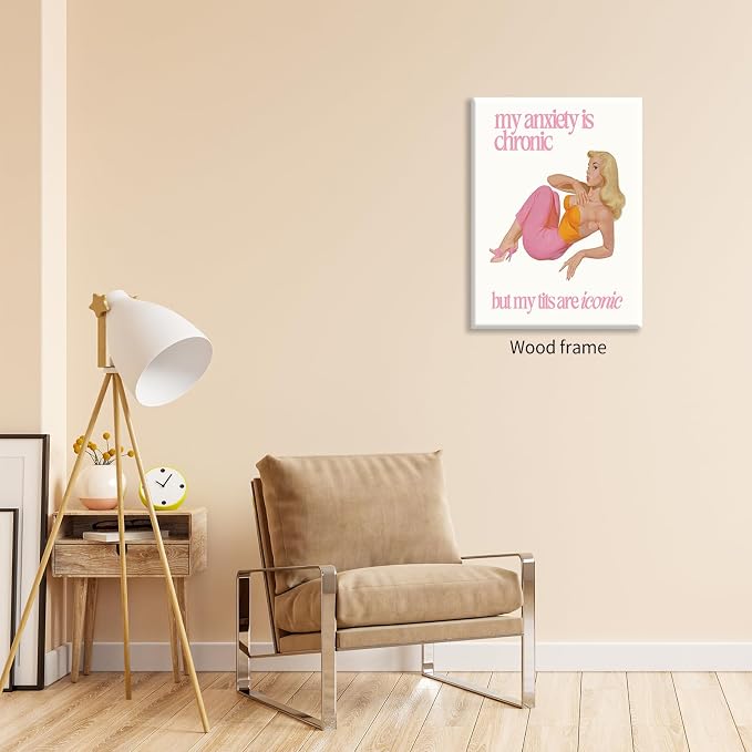 Funky Sexy Women Wall Art Funny Quote Social Anxiety Poster 60s 70s Vintage Housewife Canvas Prints 24X36 inch Framed for Apartment Wall Decor
