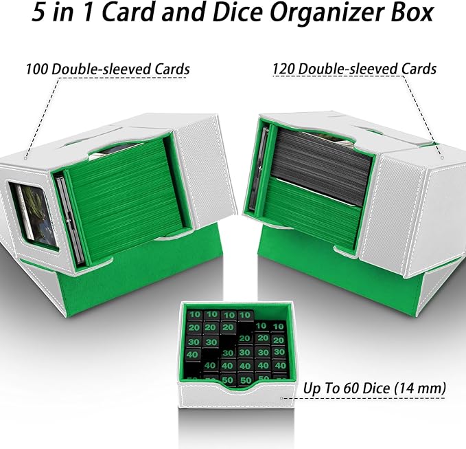 MTG Deck Box for Commander Display with Dice Tower, Fits 100 Double Sleeved Cards for TCG/PTCG, Cards Storage Case with Dice Tray and 35PT Magnetic Card Holder (White/Green)