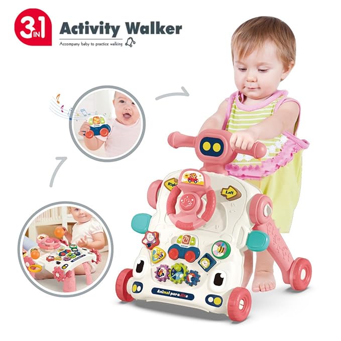 Asou Baby Walker 3 in 1 Sit to Stand Walker With Activity Table and Center for Newborn Toddler (Pink)
