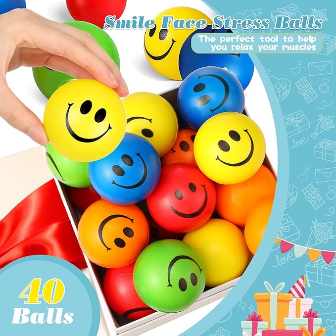 Vinsot 40 Pcs 2.5 Inch Assorted Color Smile Face Stress Balls Bulk Happy Smile Stress Relief Balls Mini Funny Foam Face Toys for Teens Adults Carnival Christmas Bag Fillers