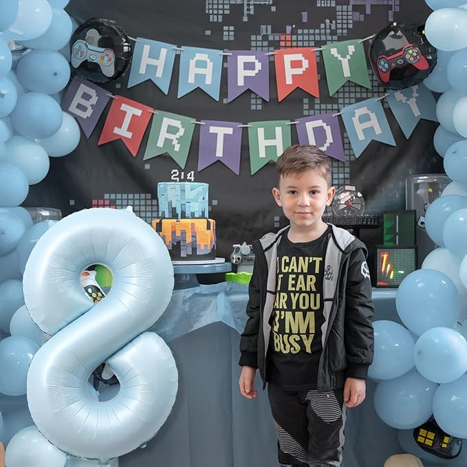 Foil 8 Balloon, Light Matte Blue Big Number 8 Balloons for Boys Birthday Party Decor, 40'' Mylar Helium Self Inflating Number 8 Pastel Baby Blue Balloon for 8th Birthday Party Anniversary Decorations