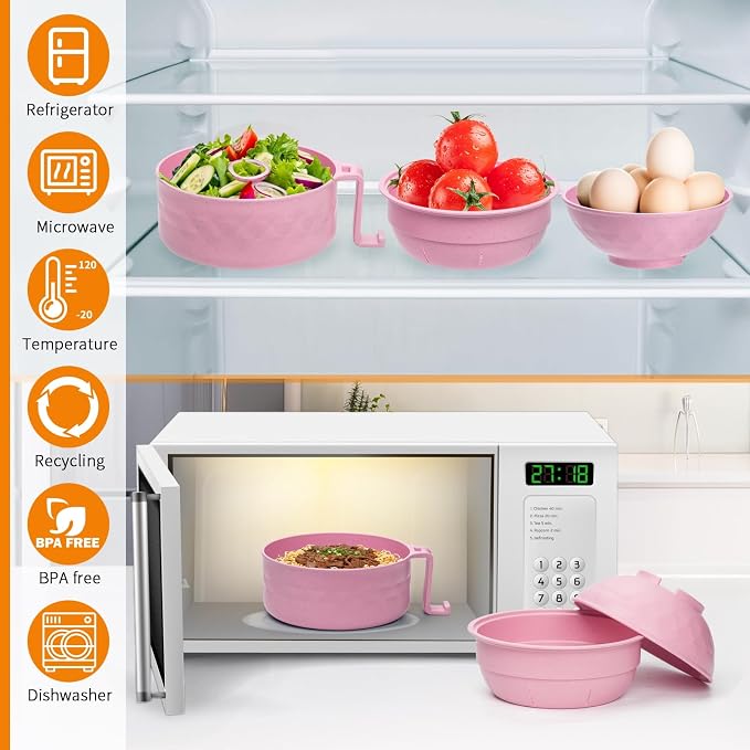 Ramen Cooker,32oz Ramen Bowl Set,Microwave Ramen Bowl, Microwave Bowl with Lid, Portable Noodle Bowls,for Home Office Dorm Room College gift (Pink)