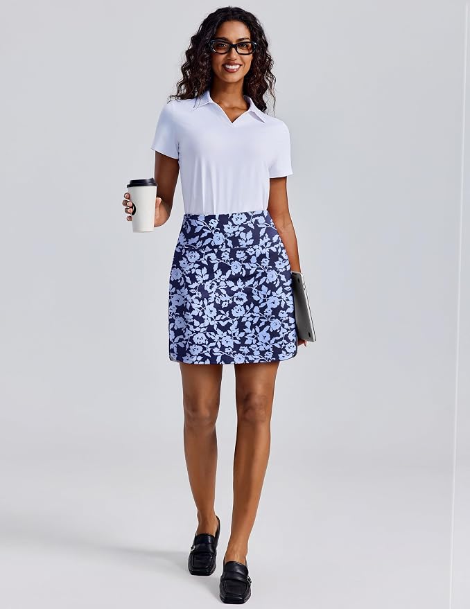 PINSPARK 18" Skorts for Woman Above Knee Length Golf Skirts 3 Pockets | High Waist, Built in Shorts, UV Protection, 4-Way Stretch, Soft, Dolphin Hem, Athletic, Tennis, Pickleabll, Casual