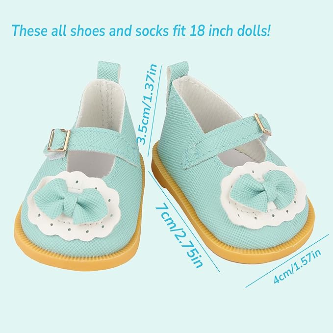 Doll Shoes for 18 Inch American Dolls, Includes 7 Doll Shoes ( Random from 20 ) and 2 Doll Socks, Fashion Princess Shoes Boots Leather Shoes Canvas Sneaker, Gifts for Little Kids