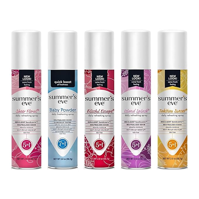 Summer's Eve Feminine Cleansing Spray Variety Pack (Blissful Escape, Island Splash, Tahitian Sunset, Sheer Floral, & Baby Powder) (1 of each)