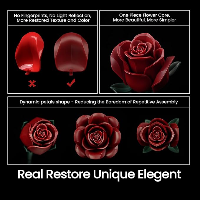 iATOM Burgundy Red Rose Bouquet Building Set, Compatible with Lego Flowers for Adults Women, Botanical Collection Gift for Halloween & Valentines - Artificial Plant Gothic Home Decor - 11016