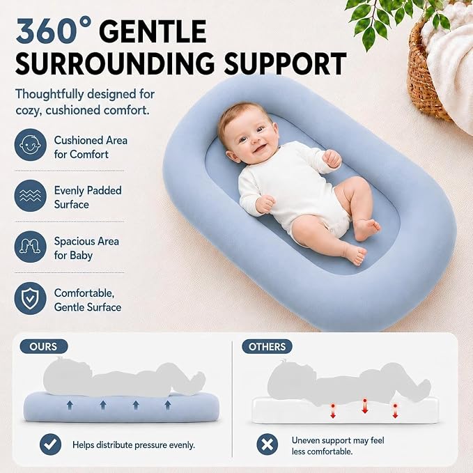 Baby Lounger for Newborns 0-24 Months, Soft Breathable Cotton Infant Support Cushion for Tummy Time & Play, Portable Infant Lounger, Baby Essentials - Navy Blue (Cover Included)