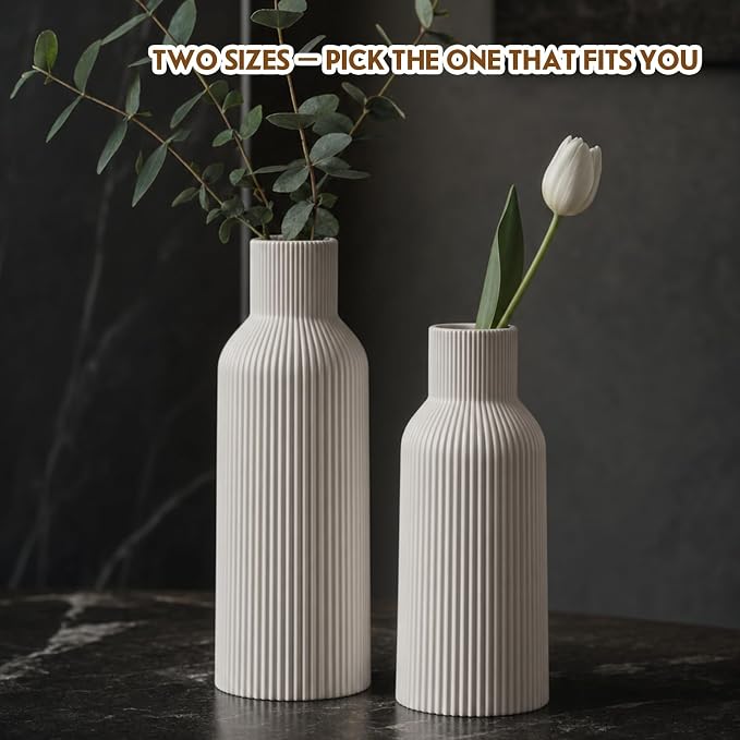 Large White Tall Ceramic Vase,Modern Matte Vertical Ribbed, Nordic Minimalist for Pampas, Dried & Fresh Flowers,Home Decor for Living Room, Coffee Table, Bookshelf, Entryway, Farmhouse