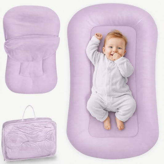 Infant Support Cushion - Baby Support Cushion for Newborn, 0-24 Months, Breathable Cotton Tummy Time Mat, Supervised Use, Portable Newborn Essentials for Home and Travel, Purple (Cover Included)