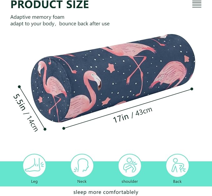 Deep Blue Flamingos and Stars Neck Roll Pillow Bolster Round Health Memory Foam Long Cervical Cylinder Pillows with Removable Washable Cover for Body Bed Legs Back Yoga