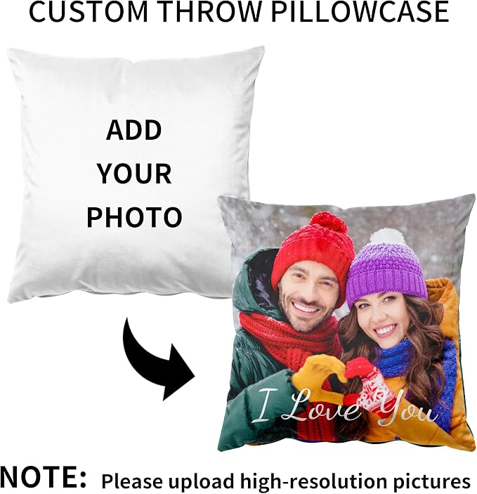 Easycosy Custom Pillow with Picture & Text, Two-Sides Velvet Customized Photo Pillowcase, 16"x16" Personalized Pillowcover with Photo, Custom Valentines Decor Love Gifts (Optional Pillow Insert)