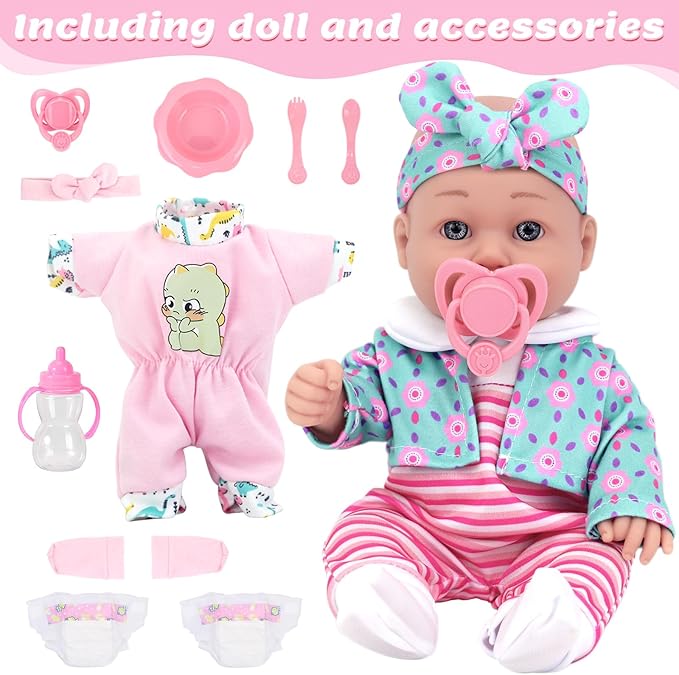 UNICORN ELEMENT 12 Inch Baby Doll and Clothes and Accessories，inches 12 inch New Born Vinyl Baby Dolls, 2 Sets of Doll Clothes, Diapers, Feeding Bottle, Pacifier, Toddlers 3+ Years