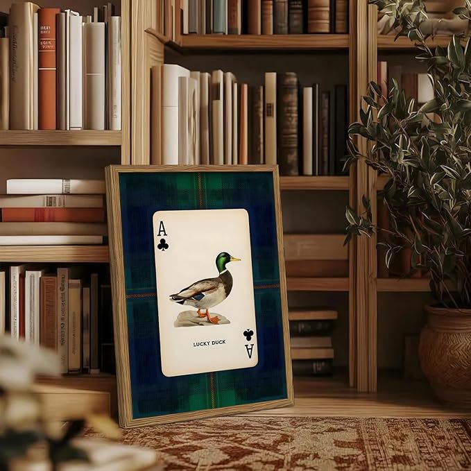 Vintage Mallard Duck Wall Art Cottage Core Hunting Lucky Duck Wall Decor Picture Dark Wildlife Playing Card Poster Canvas Print Painting for Farmhouse Bedroom Living Room 12x16 inch Wood Framed