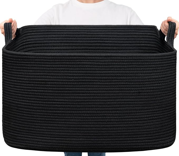 Goodpick 85L Large Woven Rope Blanket Basket, Rectangle, Black | 23.6'' x 15.7'' x 13.8'' Storage Basket for Blankets, Pillows & Toys, Living Room & Bedroom Organization, Reinforced Handles